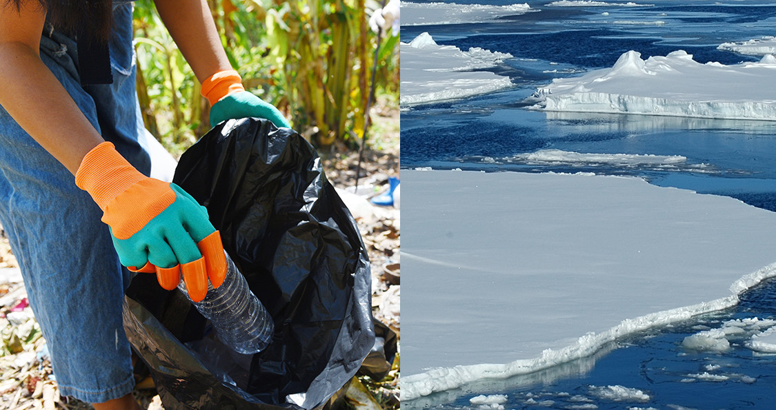 En side om side af nogen, der henter plastflasker ved siden af polære ishætter